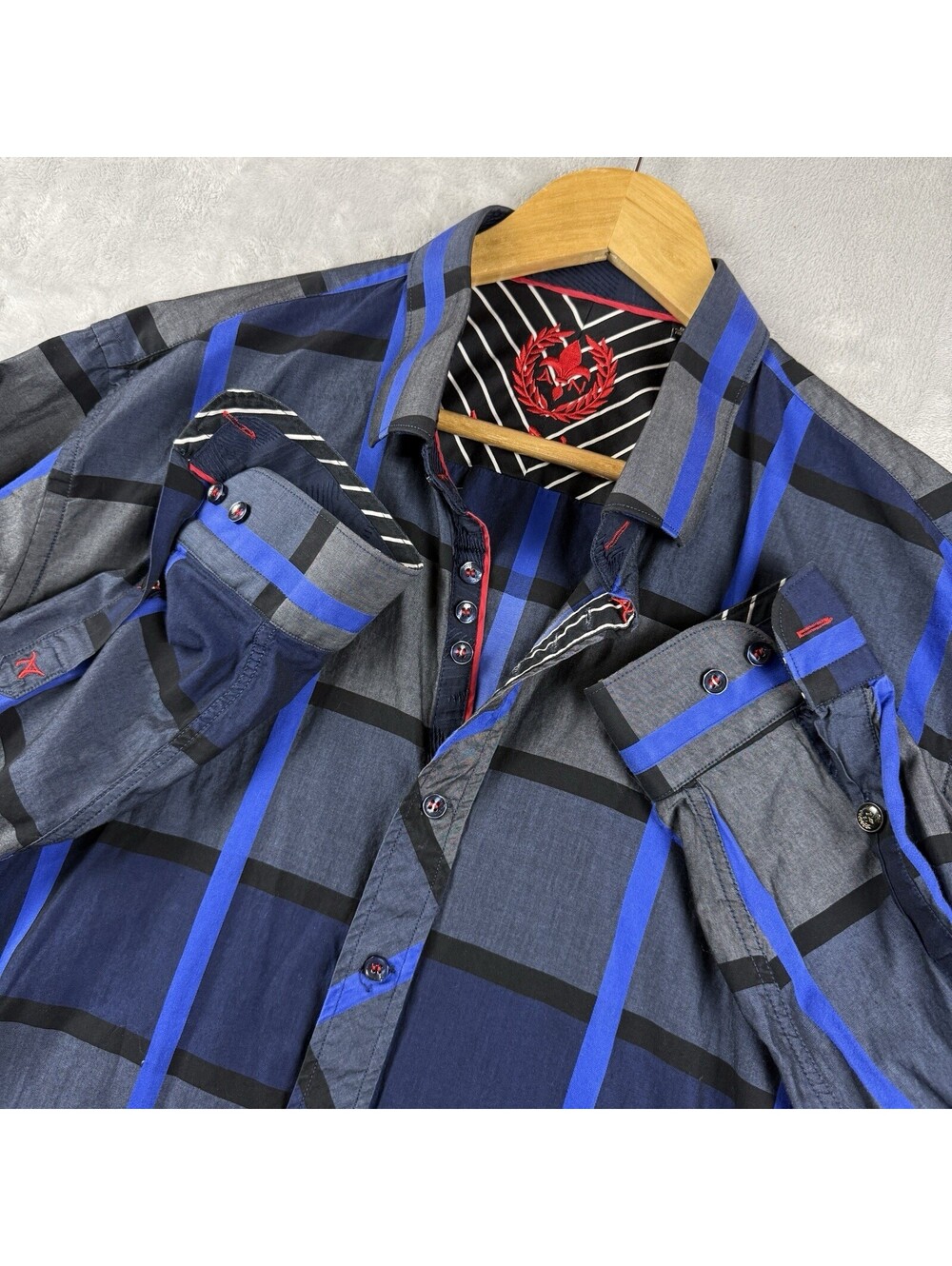 Au Noir Blue Plaid Performance Dress Shirt Men 6 Contrast Trim Preppy Modern Fit